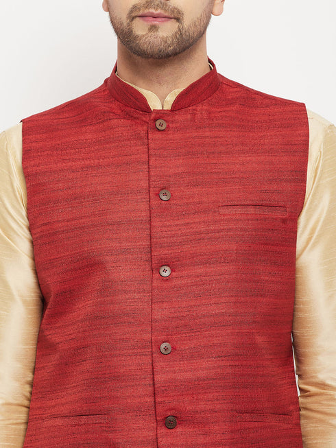 Vastramay Men's Maroon Matka Silk Nehru Jacket With Gold Silk Blend Kurta and Pant style Pyjama Set